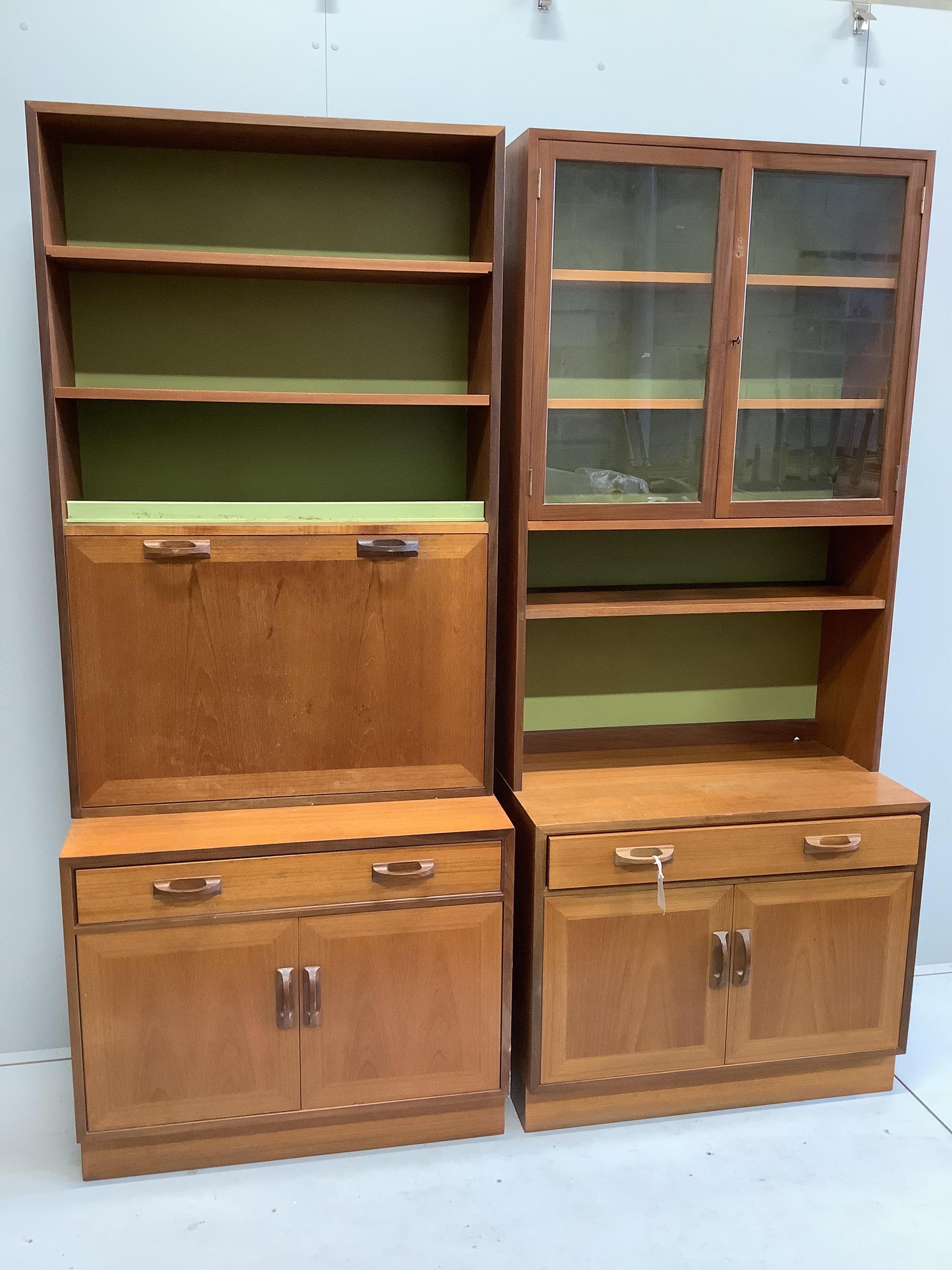 Two mid century teak side cabinets, each width 84cm, depth 46cm, height 198cm